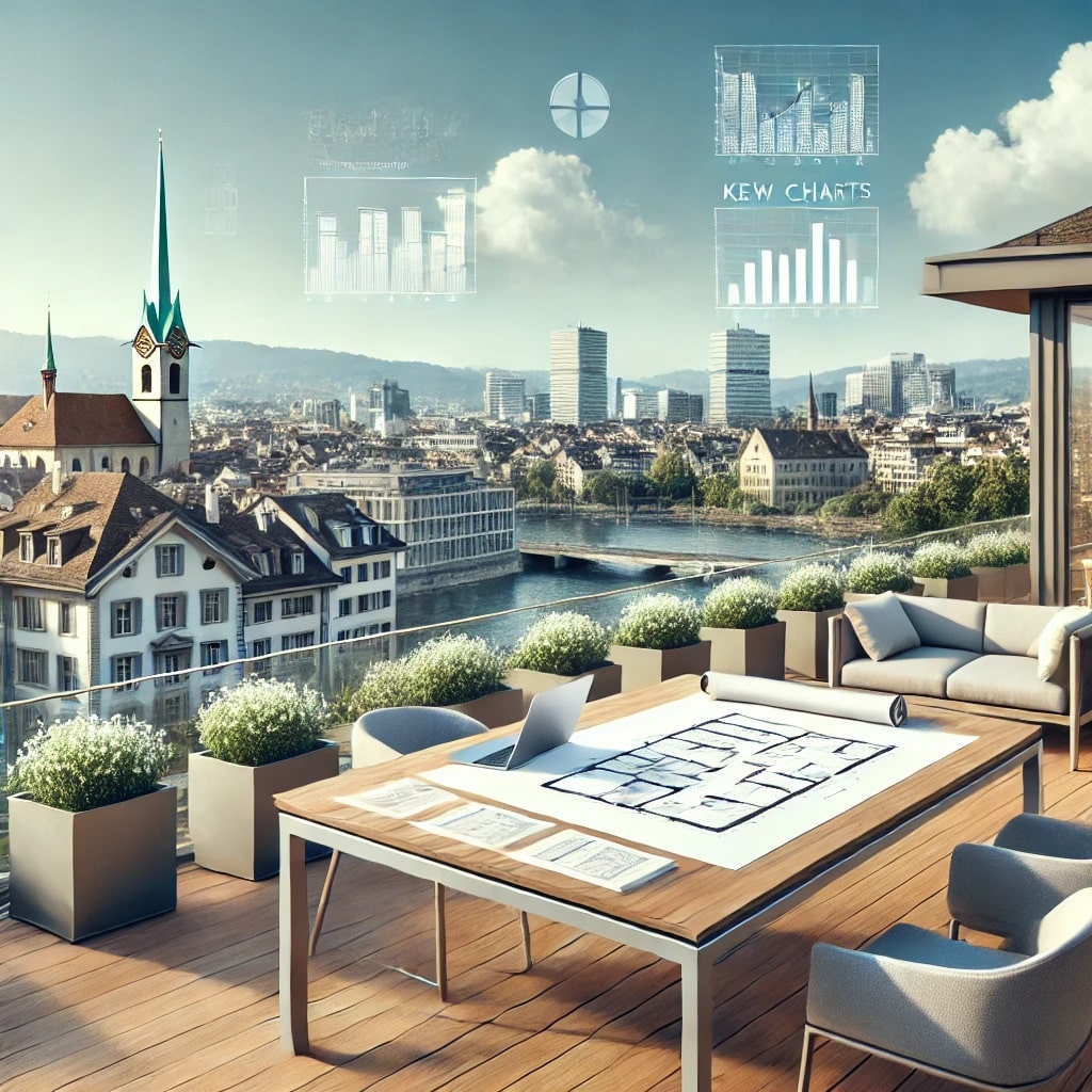 Dall·e 2024 10 16 08.00.58 An Outdoor Real Estate Consultancy Scene Set Against The Beautiful Backdrop Of Zurich. The Image Should Showcase A Bright, Modern Office Terrace Or Ou